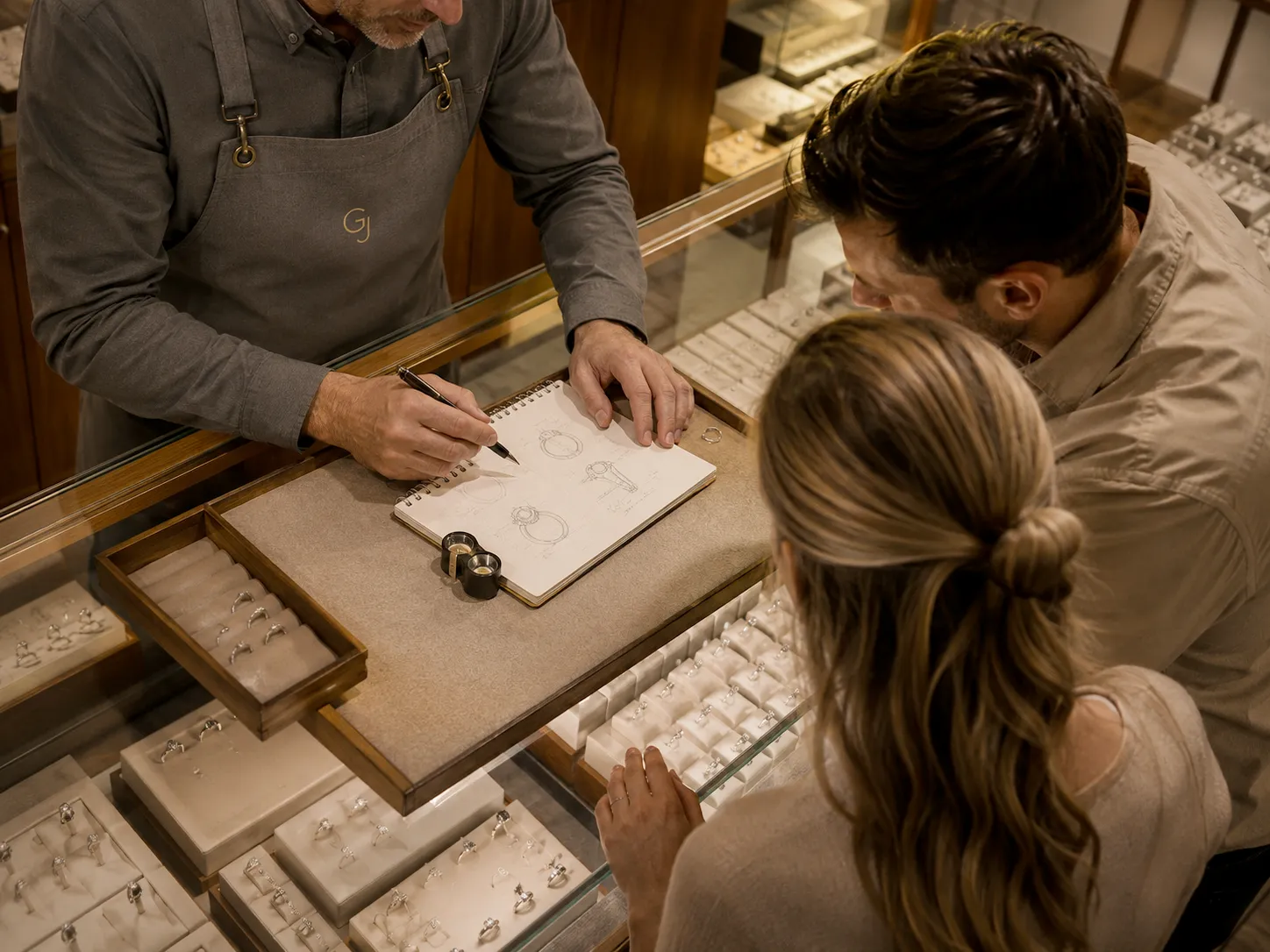 A jeweller discussing a custom design with clients at the counter