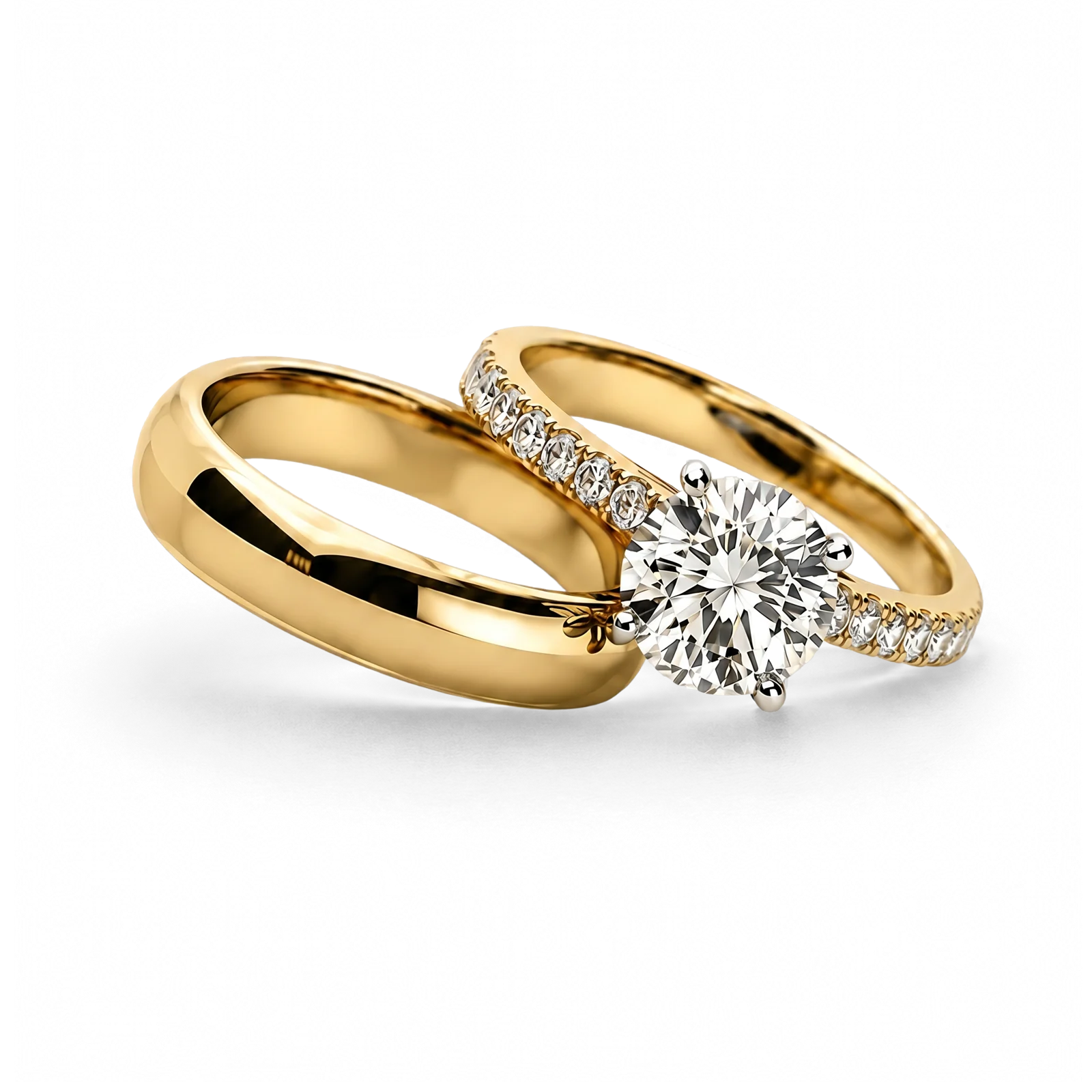 Interlocking gold wedding and diamond engagement rings